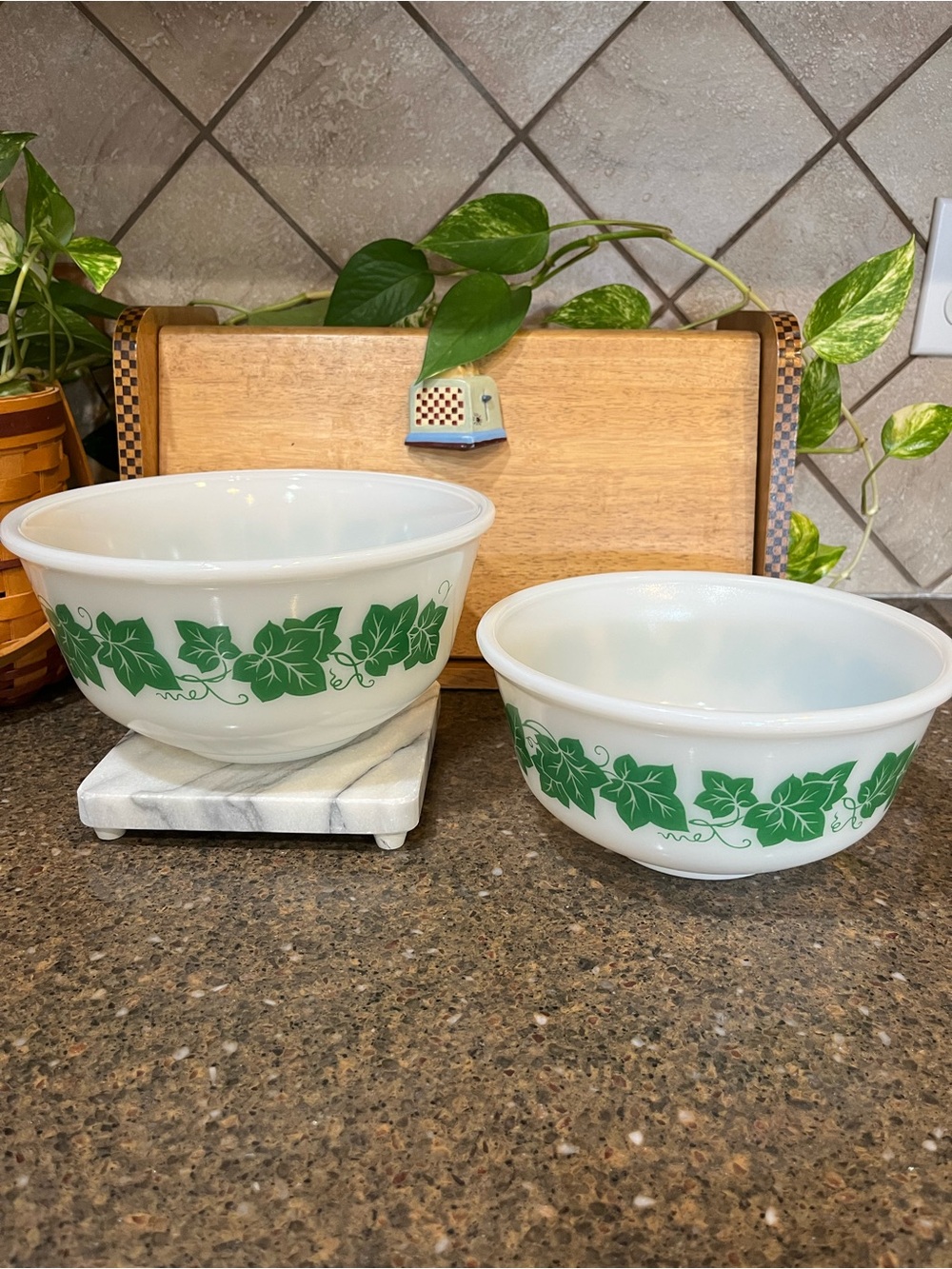 Vintage Hazel Atlas White Milk Glass Mixing Bowls with Green Ivy Pattern, Set 2